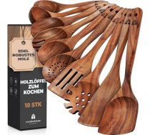 Koka virtuves piederumu komplekts, plakanā pavārmākslas lāpstiņa, Wok lāpstiņa, lāpstiņa, spageti knaibles, servēšanas karote, maisīšanas karote, zupas karote, karotīte ar lāpstiņu, garšvielu/eļļas karote, salātu dakša - 10 gab. kompl
