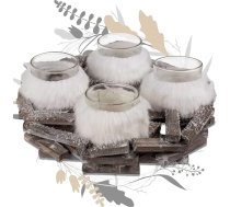 Koka Adventes vainags ar 4 stikla tējas gaismas turētājiem ar kažokādas rotājumu un mākslīgo sniegu - dekoratīvs Adventes Ziemassvētku sveču turētājs laterna