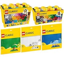 Lego Classic komplekts no 5: 10696 vidēja izmēra celtniecības bloku kastīte, 10698 liela Lego celtniecības bloku kaste, 11023 zaļa celtniecības plāksne, 11025 zila celtniecības plāksne un 11026 balta celtniecības plāksne