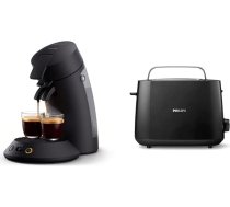 Philips Senseo Original Plus CSA210/60 kafijas automāts (kafijas stipruma izvēle, Coffee Boost tehnoloģija), melns un HD2581/90 tosteris, integrēts bulciņu piederums, 8 brūnināšanas līmeņi, melns