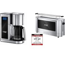 Russell Hobbs Elegance 23380-56 Digitālais kafijas automāts no nerūsējošā tērauda ar taimera funkciju līdz 10 tasītēm 1,25 L stikla krūze 1600 W un tosteris ar garu slotu Elegance Stikls / nerūsējošais tērauds ar rullīša piederumu 1420 W