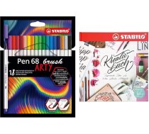 Augstas kvalitātes flomāsteris ar otas uzgalīti mainīgam līniju platumam - Stabilo Pen 68 brush - Arty - 18 krāsu iepakojumā + DIY un rokdarbu grāmata pieaugušajiem - Stabilo radošā grāmata.