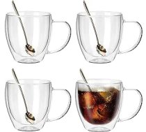 JNSMFC dubultsienu stikla kafijas krūzes ar 4 karotēm, 250 ml 4 izolētu stikla kafijas tasīšu komplekts ar rokturi, caurspīdīgas kafijas krūzes kapučīno, espresso, latte, tējai, karstumizturīgas glāzes ANEB0BDM6DH2ST