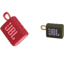 JBL GO 3 maza Bluetooth kārba sarkanā krāsā — ūdensnecaurlaidīgs, pārnēsājams skaļrunis ceļā — līdz 5 stundām atskaņošanas laiks ar vienu akumulatora uzlādi un GO 3 maza Bluetooth kārba zaļā krāsā ANEB0B8NB6Z7RT