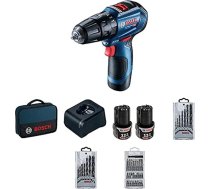 Bosch Professional GSB 12V-30 12V sistēmas bezvadu urbis ar āmuru (ieskaitot 2 x 2,0 Ah akumulatoru, lādētāju GAL 1240 CV, 7 gab. urbju komplektu kokam, 7 gab. urbju komplektu metālam, 25 gab. uzgaļu komplektu, instrumentu koferi)