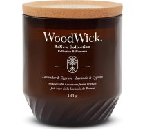 WoodWick ReNew aromātiskā svece ar krunkainu daktu, vidēja izmēra svece Lavanda un ciprese, augu sojas un kokosriekstu vaska maisījums, izgatavota no pārstrādātiem materiāliem