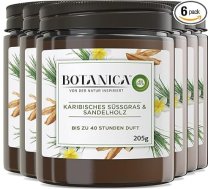 Botanica by Air Wick 6 x aromātiskās sveces stiklā - līdz 40 stundām uz vienu sveci - aromāts: Saldā zāle un sandalkoks - ilgtspējīgi ražots no dabīgām sastāvdaļām - 6 x 205 g sveces stiklā