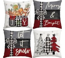 Miaikoe Komplekts no 4 45 x 45 cm Ziemassvētku spilvenu pārvalki Merry Christmas Joy Xmas Trees Sarkanā un melnā krāsā Dekoratīvie ziemas brīvdienu spilveni, kas paredzēti dīvāna dekorēšanai
