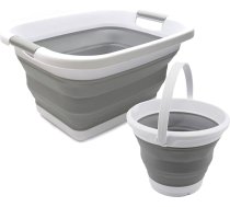 SAMMART 2 gab. komplekts: 25L saliekams plastmasas veļas grozs un 5,5L saliekams spainis/ūdens katls (veļas grozs+saišķis, pelēks+pelēks)