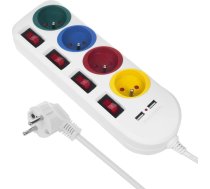 Strāvas pagarinātājs, 4 ligzdu pagarinātājs + 2xUSB, ar slēdžiem, 250VAC/10A, 2.1A 5V, 1.5m, balts, MCE229 W