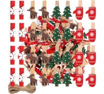 120 mini dekoratīvo nagliņu iepakojums, Ziemassvētku apģērbu nagliņas, koka nagliņas, neliels Ziemassvētku adventes kalendārs, Ziemassvētku klipu rotājums, koka nagliņas + 12 m dabīga kaņepju virve