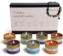 Čakru sveču komplekts - ar rokām lētas aromātiskās sveces ar augstākās kvalitātes kristāliem elegantos alvas trauciņos, ieskaitot čakru aproci - 7 sveces meditācijai, stresa mazināšanai un garīgajam līdzsvaram.