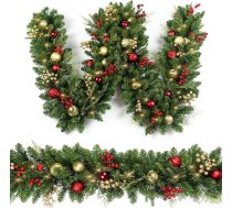 Ziemassvētku virtene 9ft ar 50 LED zelta un sarkanām bumbu ogām Akumulatora darbināms Ziemassvētku rotājums ar gaismas taimeri kāpņu telpām iekštelpās ārā