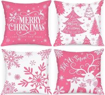 Lanpn Pack of 4 White and Pink Cushion Covers Ziemassvētku spilvenu pārvalks 45 x 45 cm, ziemas sniegpārsliņas Dekoratīvs Ziemassvētku spilvens Ziemassvētku dekorēšanai Ziemassvētku gultas veļa dīvāna rotājumi (rozā)