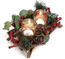 Belle Vous Adventes vainags ar tējas gaismiņām, 2 tējas gaismas glāzītes, Adventes vainags sveču turētājs ar dekoratīvām ogām un priežu čiekuriem, piemērots mājoklim, kāzām un Ziemassvētku dekorēšanai, 14 x 22 cm