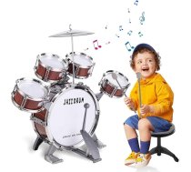 Bērnu bungas, bungas bērniem, 5 bungu komplekts ar tabureti, sitamie mūzikas instrumenti, džeza roka bungu komplekts, bērnu dzimšanas dienai, Ziemassvētkiem, bērniem no 3 gadiem (sarkans)
