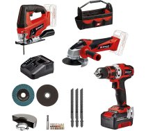 Einhell akumulatora urbjmašīna TE-CD 18/40 Li + akumulatora leņķa slīpmašīna TC-AG 18/115 Li + akumulatora ripzāģis TC-JS 18 Li Power X-Change (18 V, iekļauts 1x 4,0 Ah akumulators, lādētājs, piederumi, somiņa)