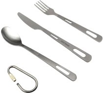 RISON-Titanium Titan kempinga galda piederumu komplekts, 4 gab., 4 gab., Titāna dakšas, karotes, karotes, naži, nažu kombinācija, ceļojuma galda piederumi ar karabīni un uzglabāšanas maisiņu, āra pavāra siksnas, pārgājienu mugursoma, ikdiena