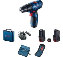 Bosch profesionālā 12V sistēma GSB 120-LI (ieskaitot 2 GBA 12V 2.0Ah akumulatorus, GAL 12V 10cv lādētāju, 2 3 gab. urbju un skrūvgriežu komplektu ar rokturi, koferi)