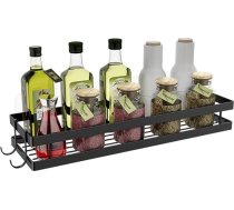 Bestdon Spice Rack Wall No Drilling Virtuves plaukts Melns metāls ar 2 āķiem Garšvielu turētājs Piekaramais plaukts organizators virtuvei