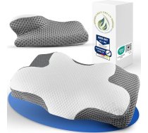 Ortopēdiskais atmiņas putu spilvens kakla atbalstam, kakla spilvens ar 2 augstumiem, ergonomisks sānu spilvens visām miega pozīcijām, pelēks/balts