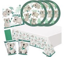 41 gab. ballīšu komplekts Koala šķīvji, tasītes, salvetes, salvetes, galdauts, papīra dzeramie salmiņi 8 bērniem