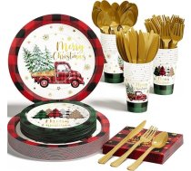 80 gab Ziemassvētku ballīšu galda piederumu komplekts 20 viesiem, šķīvji, salvetes, papīra krūzes, Ziemassvētku galda piederumu vakariņu serviss Xmas dekorēšanas svētku piederumi Papīra šķīvji galdauts Bērnu ģimenes tēma