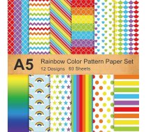 Varavīksnes krāsainā papīra komplekts, 60 lapas A5, abpusējs amatniecības papīrs, origami papīrs, māla papīrs, dekoratīvais papīrs dāvanu dekorēšanai, apsveikuma kartītēm, geju lepnuma kartītēm, scrapbooking (12 stili)