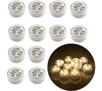 12 x nedegošas LED tējas gaismas, ar akumulatoru darbināmas ūdensizturīgas niršanas dekoratīvās gaismas vāzei, akvārijam, kāzām, kāzām, centrālajai daļai, Ziemassvētku svinību gaismām, ķirbju gaismām (silti balta)