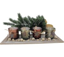 MC Trend 4 stikla tējas lampu turētāju komplekts uz koka paplātes, ar Ziemassvētku eglītes un zvaigžņu rotājumu, sveču turētājs, advente, Ziemassvētki, mājas piederumi, galda dekori, apm. 40 x 15 cm