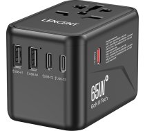 LENCENT universālais ceļojuma adapteris, GaN III 65 W starptautiskais lādētājs ar 2 USB-A un 3 C tipa PD ātrās uzlādes adapteriem, A/C/G/I (ASV/UK/ES/AUS) tipa kontaktligzdām, melns, visā pasaulē