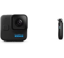 GoPro HERO11 Black Mini — kompakta ūdensizturīga darbības kamera ar 5,3 K60 Ultra HD video, 24,7 MP atsevišķi attēli, 1/1,9 collas attēla sensors un Shorty — mini pagarinātājs un melns statīvs