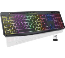 TECURS bezvadu spēļu tastatūra - klusā tastatūra QWERTZ Illuminated Ergonomic Waterproof 2,4 GHz LED tastatūra Windows / Mac / PS4 / Xbox ar multimediju taustiņiem melna