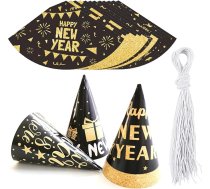 Pejlnd Jaungada vakara cepures - 12 gabali Jaungada vakara rotājumi 2025 Black Gold Cone Hat Happy New Year Party Hats Jaungada foto rekvizīti Galvas tērpi 2025 Jaungada vakars Party Favor Accessories