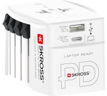 SKROSS -MUV USB AC65PD ar USB-C kabeli (160 cm) - 2 kontaktu universāls ceļojuma adapteris + 1 x USB C un 1 x USB 65W - spriegums un jauda: 100V - 250W/250V - 625W klēpjdatoriem, planšetdatoriem un viedtālruņiem