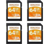 Ediloca EF2 64GB UHS-I SD karte, SDHC UHS-I atmiņas karte, ātrdarbīga atmiņas karte, nolasīšana 100MB/s, ierakstīšana 50MB/s, C10, U1, V10, Full HD un 4K video, ideāli piemērota profesionāliem fotogrāfiem (4 gab.)