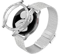 TRUMiRR Aproce + aizsargaproces gredzens Samsung Galaxy Watch 7 40 mm/Watch 6 40 mm/Watch 5 40 mm/Watch 4 40 mm, sieta auduma nerūsējošā tērauda metāla rokassprādze sievišķīgai lietošanai Galaxy Watch 7 6 5 4