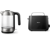 Philips HD9339/80 Stikla tējkanna, 1,7 litri (LED apgaismojums, aizsardzība pret sausu darbību, noņemams mikrošķiedras filtrs) un HD2581/90 Grauzdējamais tosteris, integrēts bulciņu piederums, 8 brūnināšanas līmeņi, melns