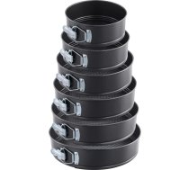 6 veidņu komplekts 18 cm, 20 cm, 22 cm, 24 cm, 26 cm, 28 cm, apaļas, melnas, apaļas ar neslīdošu pārklājumu un noņemamu pamatni, cepšanas veidnes ar neslīdošu pārklājumu cepšanai.