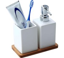 Nuscen Vannas istabas piederumu komplekts 3 in 1, ziepju dozators, keramikas zobu birstes turētājs un bambusa paliktnis, keramikas materiāls, balts, vannas istabai, izlietnei, vannai, atkārtoti lietojams šampūns,