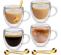 Latte Macchiato glāžu komplekts, 4 x 250 ml dubultstikliņi ar dubultstikliņiem un 4 karotītēm, kapučīno glāzes, kafijas glāzes, kafijas krūzes, ledus kafijas glāze, termiskās kafijas krūzes, kafijas krūze