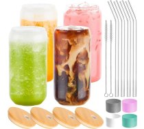 Stikla tumbleru komplekts 16oz tumbleri ar bambusa vāciņiem un salmiņiem, alus glāze Mojito soda smūtijiem Viskijs Ledus kafija Kokteilis Tēja Sulas komplekts 4 gab.