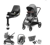Maxi-Cosi Zelia S Trio bērnu ratiņu komplekts 3-in-1, FamilyFix 360 rotējošās bāzes stacijas komplekts, bērnu ratiņu ceļošanas sistēma, ieskaitot CabrioFix S i-Size autokrēsliņu 0-4 gadi līdz 22 kg, pelēks + FamilyFix 360, melns