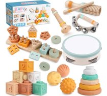 Rmischolar Montessori rotaļlieta zīdaiņiem, koka muzikālā rotaļlieta, sensoro zobu košanas rotaļlieta maziem bērniem, saliekamās klucīši un formu šķirotājs, rotaļlieta neitrālās krāsās, dāvana bērniem