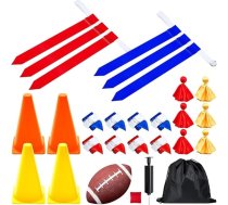 10 spēlētāju karoga futbola komplekts ar 10 futbola bumbām 30 gabaliņu jostu 30 gabaliņu karogiem 4 marķēšanas konusi Futbols 6 soda karodziņi 1 pupiņu maisiņa mešana 1 amerikāņu futbols 1 glabāšanas soma, krāsa.