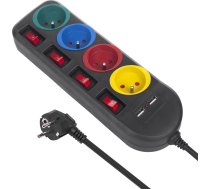 Strāvas pagarinātājs , 4 ligzdu pagarinātājs + 2xUSB, ar slēdžiem, 250VAC/10A, 2.1A 5V, 1.5m, melns, MCE229 B