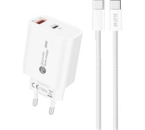20W USB-A USB-C tīkla lādētājs ar USB-C 1 m kabeli - balts