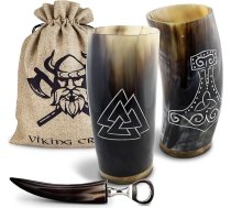 Dzeramā raga vikingu krūžu komplekts - 2 x aptuveni 350 ml raga krūzes + pudeļu atvērējs - ideāli piemērots vikingu medalus, vikingu dekorēšanai, vikingu dāvanas vīriešiem un sievietēm, vikingu fanu priekšmets viduslaikos
