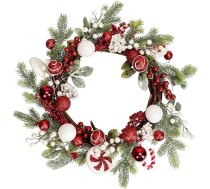 Ziemassvētku vainags ārdurvīm, liels Ziemassvētku vainags ar cukurniedrēm, konfektēm, ogām un priežu zariem, Ziemassvētku durvju vainags Ziemassvētkiem, svētkiem, mājas dekorēšanai (sarkanbaltsarkans)