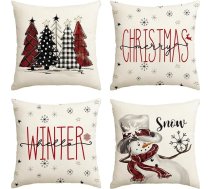 Artoid Mode Sarkans sniegavīrs Koki Sniegpārsliņas Zvaigzne Ziemassvētku spilvenu pārvalki Komplekts 4 45 x 45 cm Ziemassvētku dekoratīvais spilvenu pārvalks Couch Decoration